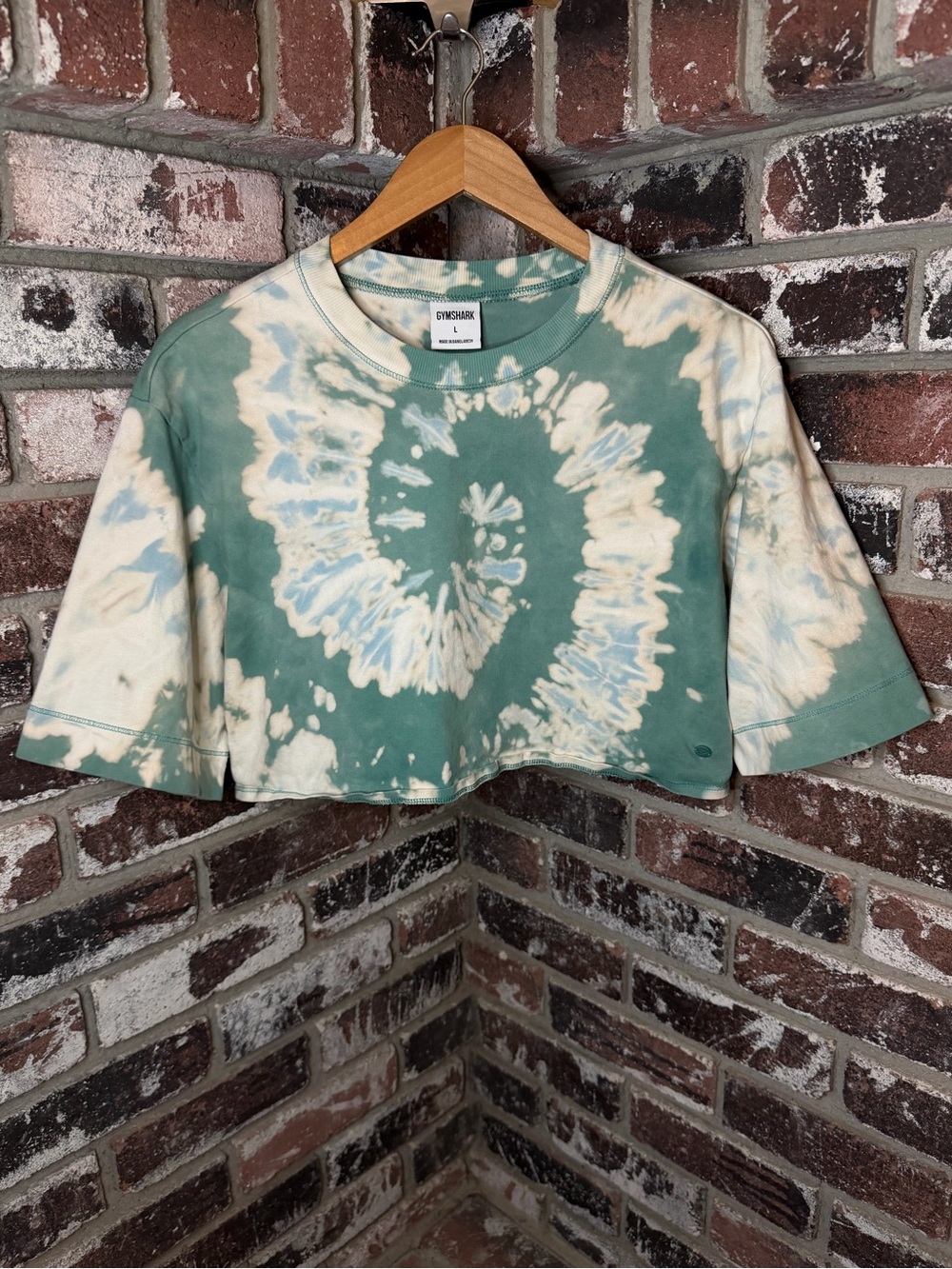 Gymshark Boxy Gym Custom Bleach Spiral Tie-Dye Cropped Tee- Seafoam Green/Cream - Picture 2 of 9